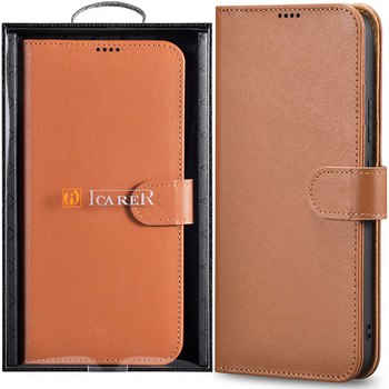 iCarer Haitang Leather Wallet Case skórzane etui do Samsung Galaxy S22+ (S22 Plus) portfel obudowa pokrowiec brązowy (AKSM05BN)