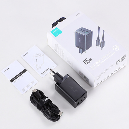 Joyroom szybka ładowarka GaN 65W USB, 2x USB C czarna + kabel USB C - USB C 100W 1.2m (TCG01)