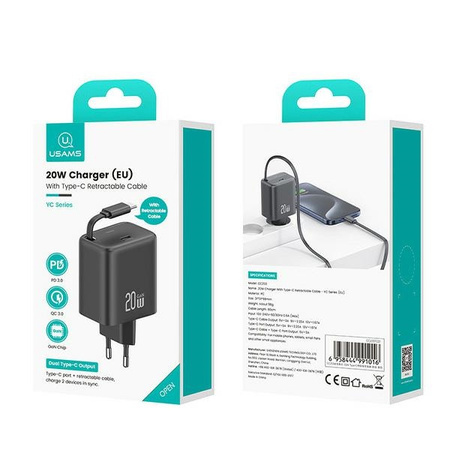 USAMS ŁADOWARKA 1XUSB-C ZE ZWIJANYM KABLEM DO TELEFONÓW APPLE DO LIGHTNING