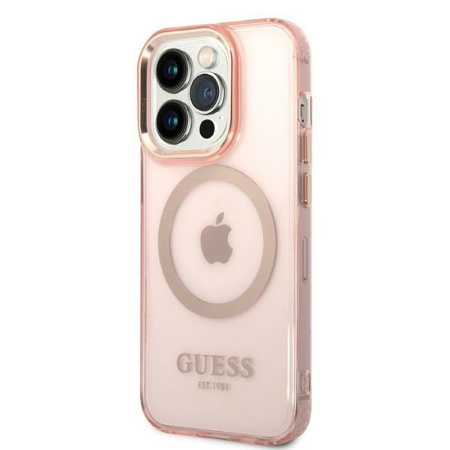 Guess GUHMP14LHTCMP iPhone 14 Pro 6,1" różowy/pink hard case Gold Outline Translucent MagSafe