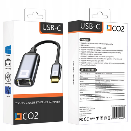 CO2 PRZEJŚCIÓWKA USB-C ETHERNET ADAPTER KARTA SIECIOWA LAN GIGABIT RJ45 2500 MB