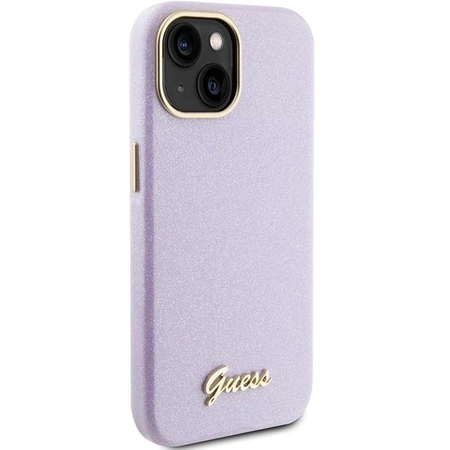 Etui Guess Glitter Glossy Script do iPhone 15 - liliowe