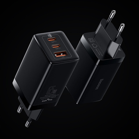 Baseus GaN3 Pro szybka uniwersalna ładowarka sieciowa GaN 2 x USB Typ C / USB 65W PD3.0, QC4.0+, AFC czarny + kabel USB Typ C - USB Typ C 1m (CCGP050101)