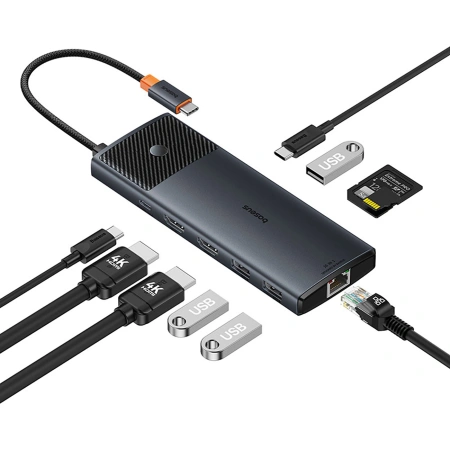 Hub USB-C Baseus Metal Gleam II 10w1 HDMI USB-A USB-C RJ45 SD/TF - szary
