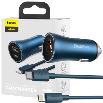 BASEUS ŁADOWARKA DO AUTA USB 40 W KABEL USB TYP C - LIGHTNING NIEBIESKI