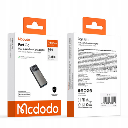 MCDODO ADAPTER TRANSMITER BLUETOOTH DO USB ODBIORNIK ANDROID AUTO CARPLAY