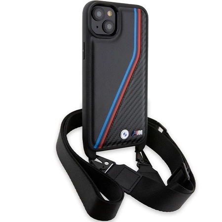 Etui BMW M Edition Carbon Tricolor Lines & Strap na iPhone 15 Plus / 14 Plus - czarne