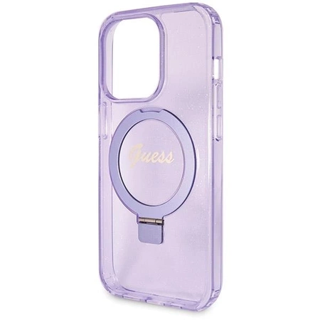Etui Guess Ring Stand Script Glitter MagSafe na iPhone 14 Pro - fioletowe