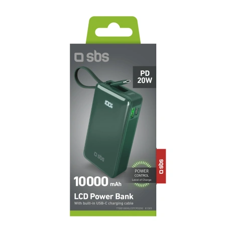 Powerbank SBS 10000 mAh 20W z wbudowanym kablem USB-C i wyświetlaczem cyfrowym - zielony