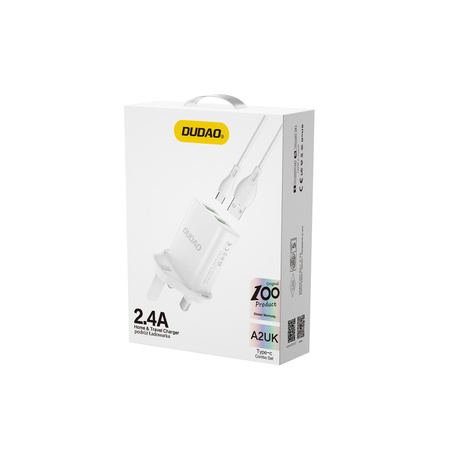 Dudao ładowarka sieciowa wtyczka UK (Wielka Brytania) 2xUSB-A 2.4A biała + kabel USB-A - USB-C biały