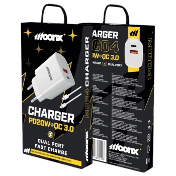 MOONX ładowarka sieciowa MC04 PD 20W 1xUSB-C + 1xUSB QC3.0 + kabel USB-C - Lightning Biały
