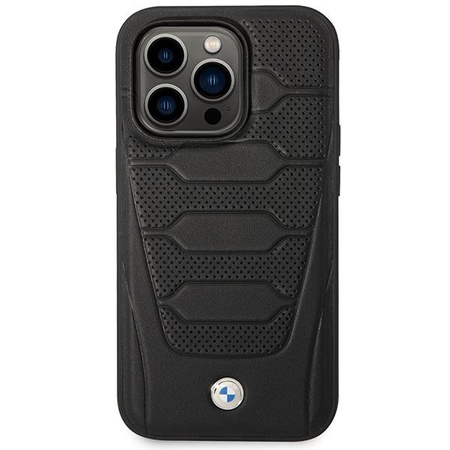 Etui BMW BMHMP14X22RPSK na iPhone 14 Pro Max - czarne Leather Seats Pattern MagSafe