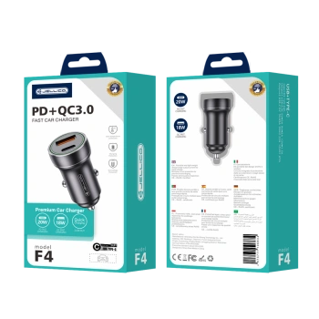 JELLICO ładowarka samochodowa F4 PD 20W 1xUSB-C + 1xUSB QC3.0 + kabel USB-C Czarny