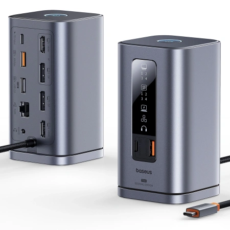 Stacja dokująca Baseus Spacemate RD1 hub 11w1 USB-C - 2xHDMI 4K@60Hz 2xDP 4K@60Hz 2xUSB-A 10Gb/s USB-C 10Gb/s RJ45 USB-A 480Mb/s USB-C PD mini jack 3.5mm ładowarka EU - szara