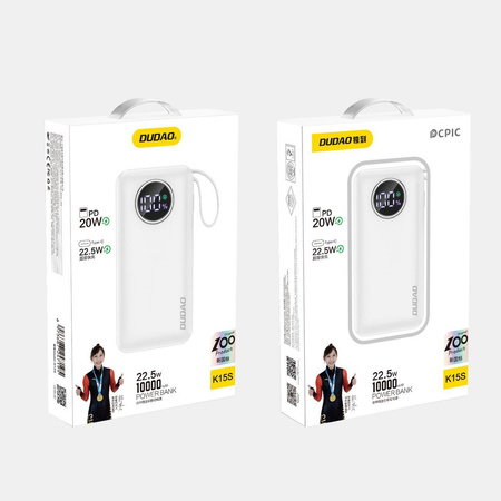 Dudao powerbank 10000mAh USB-A / USB-C 22.5W z wbudowanym kablem Lightning oraz USB-C biały (K15sW)