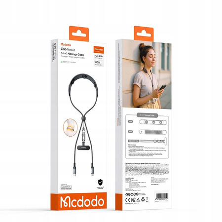 MCDODO 3W1 KABEL USB-C SMYCZ DO TELEFONU NA SZYJE MASAŻER KARKU 100W