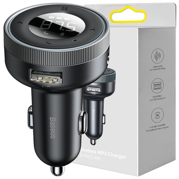 Baseus Enjoy transmiter FM ładowarka samochodowa LED 2x USB / 3,5mm jack bezprzewodowy odtwarzacz MP3 Bluetooth 5.0 3.4A czarny (CCLH-01)
