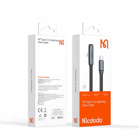 MCDODO KABEL KĄTOWY USB-C LIGHTNING PŁASKI 36W DO IPHONE 12 13 14 CZARNY 2M