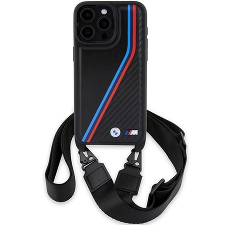 Etui BMW M Edition Carbon Tricolor Lines & Strap na iPhone 15 Pro Max - czarne