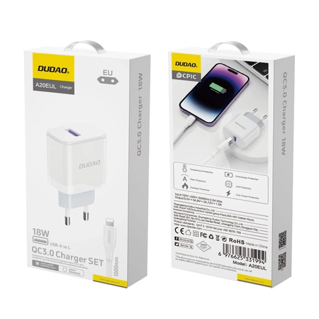 Ładowarka sieciowa Dudao A20EU USB-A 18W - biała + kabel USB-A - Lightning