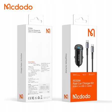 MCDODO SZYBKA ŁADOWARKA SAMOCHODOWA DO TELEFONU USB-C LED + KABEL USB-C 1M