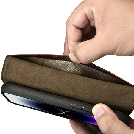 iCarer Oil Wax Wallet Case 2in1 etui iPhone 14 Pro Max skórzany pokrowiec z klapką Anti-RFID brązowy (WMI14220724-BN)