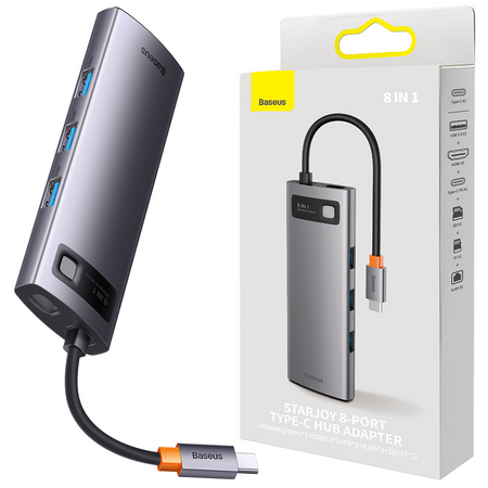 Baseus StarJoy HUB 8w1 USB Typ C - 3x USB / HDMI / RJ45 (1Gbps) / czytnik kart SD i TF / USB Typ C PD szary (WKWG080113)