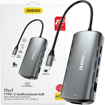 Dudao 11w1 wielofunkcyjny HUB USB Typ C - USB Typ C PD 60 W / HDMI / 3,5 mm mini jack / 1x USB 2.0 / czytnik kart SD micro SD / VGA / RJ45 / 3x USB 3.2 Gen 1 szary (A15Pro grey)