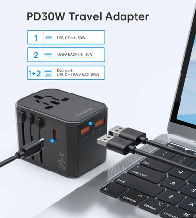 Ładowarka podróżna Choetech PD6041 USB-C USB-A PD 30W z 4 wtyczkami USA EU UK AU - czarna