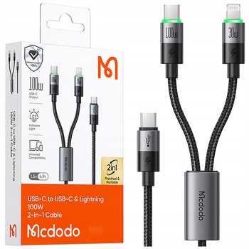 MCDODO KABEL USB-C 2W1 SZYBKIE ŁADOWANIE DO IPHONE 14 MACBOOK LED 100W 2M