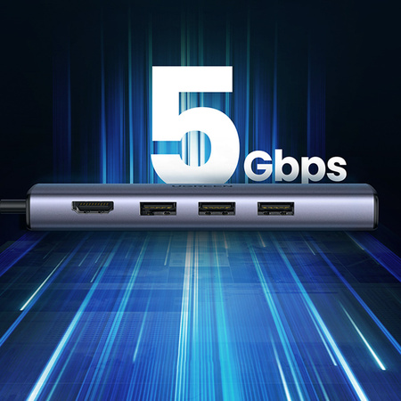 Ugreen adapter konwerter HUB 5w1 USB C - 3x USB 3.0 / HDMI / RJ45 szary (CM475)