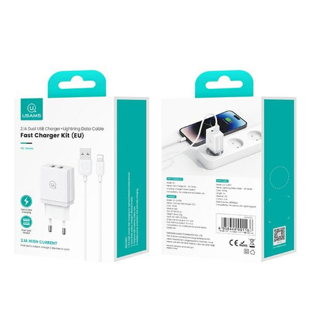 USAMS ŁADOWARKA 2XUSB 18W DO IPHONE 11 12 13 14 Z KABLEM DO LIGHTNING