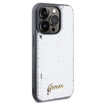 Etui Guess Sequin Script Metal na iPhone 14 Pro - srebrne