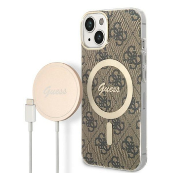 Guess zestaw ładowarka MagSafe + etui do iPhone 14 Plus 6,7" brązowe 4G Print (GUBPP14MH4EACSW)