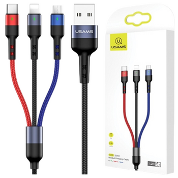 USAMS KABEL PLECIONY 3W1 DO LIGHTNING MICROUSB USB-C 0.35M SZYBKA ŁADOWARKA