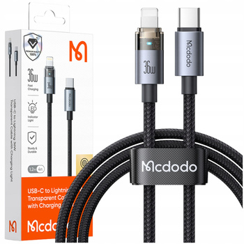 MCDODO KABEL USB-C SZYBKIE ŁADOWANIE DO IPHONE LIGHTNING 36W 1M LED CZARNY
