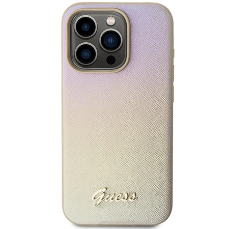 Etui Guess Saffiano Iridescent Script na iPhone 14 Pro Max - złote
