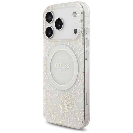 Etui Guess IML Flowers Electro Pearl Strap MagSafe do iPhone 17 Pro biały