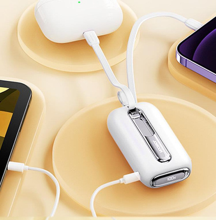 Joyroom powerbank 10000mAh Colorful Series 22.5W z 2 wbudowanymi kablami USB C i Lightning biały (JR-L012)