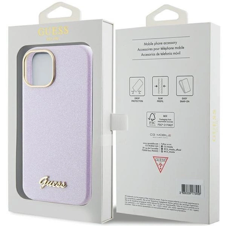 Etui Guess Glitter Glossy Script do iPhone 15 - liliowe