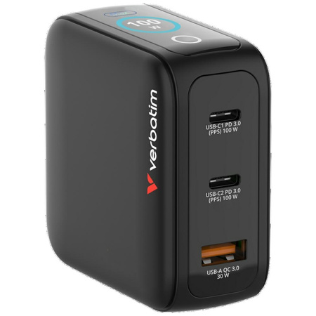 Ładowarka sieciowa Verbatim Mini GaN 100W 2xUSB-C PD/1x USB-A QC adapter UE/UK/USA czarny 30239