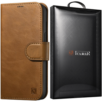iCarer Oil Wax Wallet Case 2in1 etui iPhone 14 Pro skórzany pokrowiec z klapką Anti-RFID brązowy (WMI14220722-TN)