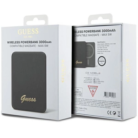 Powerbank indukcyjny Guess MagSafe Metal Script Logo 5W 3000mAh - czarny