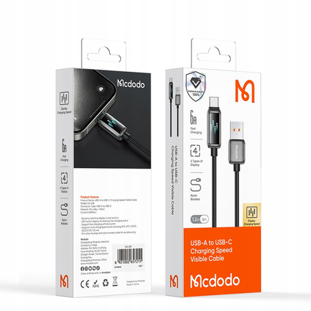 MCDODO KABEL USB-C SZYBKIE ŁADOWANIE DO SAMSUNG XIAOMI TYP C 6A 100W 1M LED