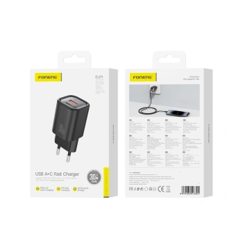 FONENG ładowarka sieciowa EU71 PD 30W 1xUSB-C + 1xUSB QC3.0 Czarny