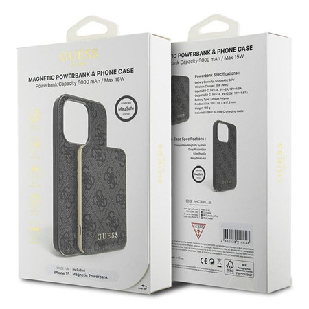 Zestaw Guess GUBPM5P15S4GEMGK iPhone15 6.1 hardcase + Powerbank 5000mAh MagSafe czarny/black 4G Metal Logo