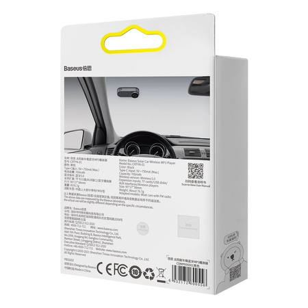 Baseus solarny odtwarzacz MP3 transmiter FM audio do samochodu Bluetooth 5.0 750mAh (czytnik kart TF / USB / AUX) czarny (CDMP000001)