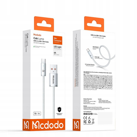 MCDODO KABEL USB-A USB-C SZYBKIE ŁADOWANIE USB TYP C 6A 100W 1M LED BIAŁY