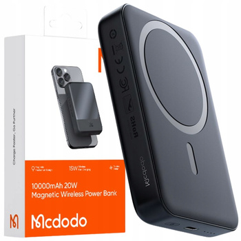 MCDODO POWERBANK BEZPRZEWODOWY 10000MAH 20W INDUKCYJNY + KABEL USB-C DO MAGSAFE IPHONE 12 13 14 15 MINI PLUS PRO MAX CZARNY