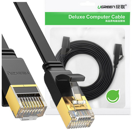 Ugreen płaski kabel przewód internetowy sieciowy Ethernet patchcord RJ45 Cat 7 STP LAN 10 Gbps 10 m czarny (NW106 11265)